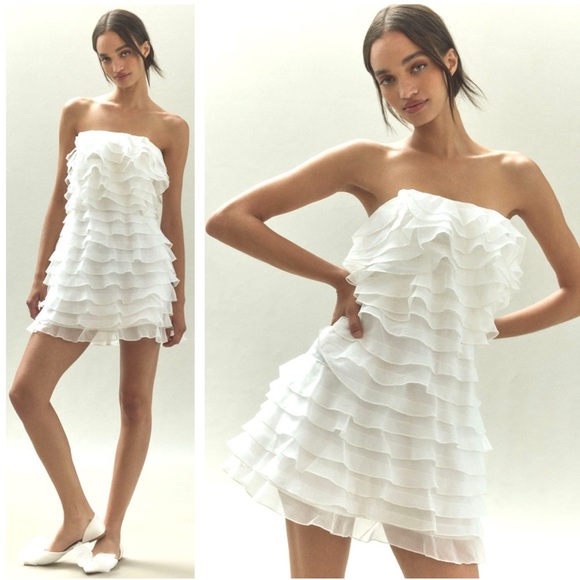 BHLDN Anthropologie Strapless A-Line Ruffled Mini Dress Size 10 White - Picture 15 of 15